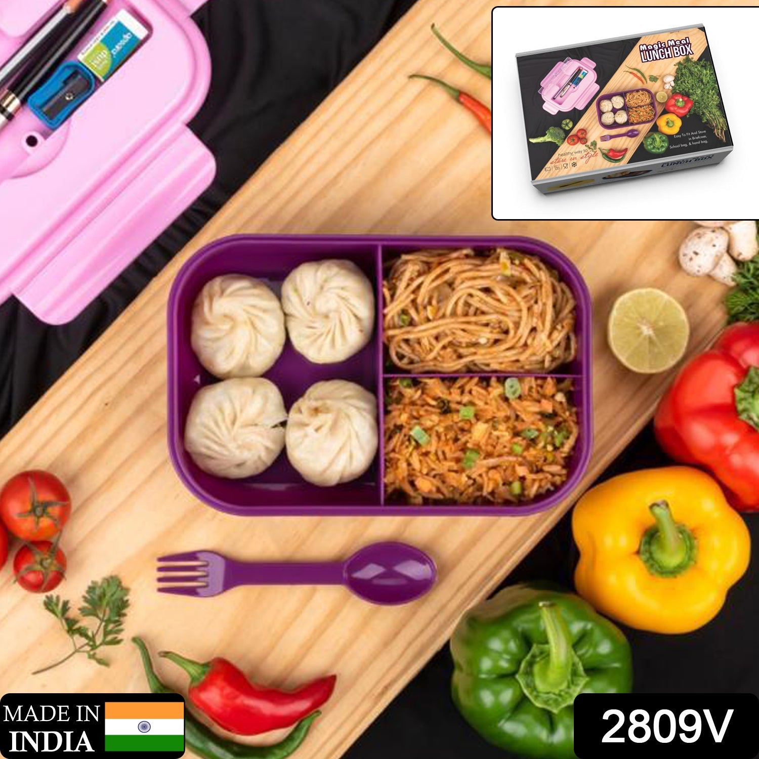 2809V LUNCH BOX 3 COMPARTMENT PLASTIC LINER LUNCH CONTAINER, PORTABLE TABLEWARE SET FOR OFFICE , SCHOOL & HOME USE DeoDap 2809V LUNCH BOX 3 COMPARTMENT PLASTIC LINER LUNCH CONTAINER, PORTABLE TABLEWARE SET FOR OFFICE , SCHOOL & HOME USE DeoDap